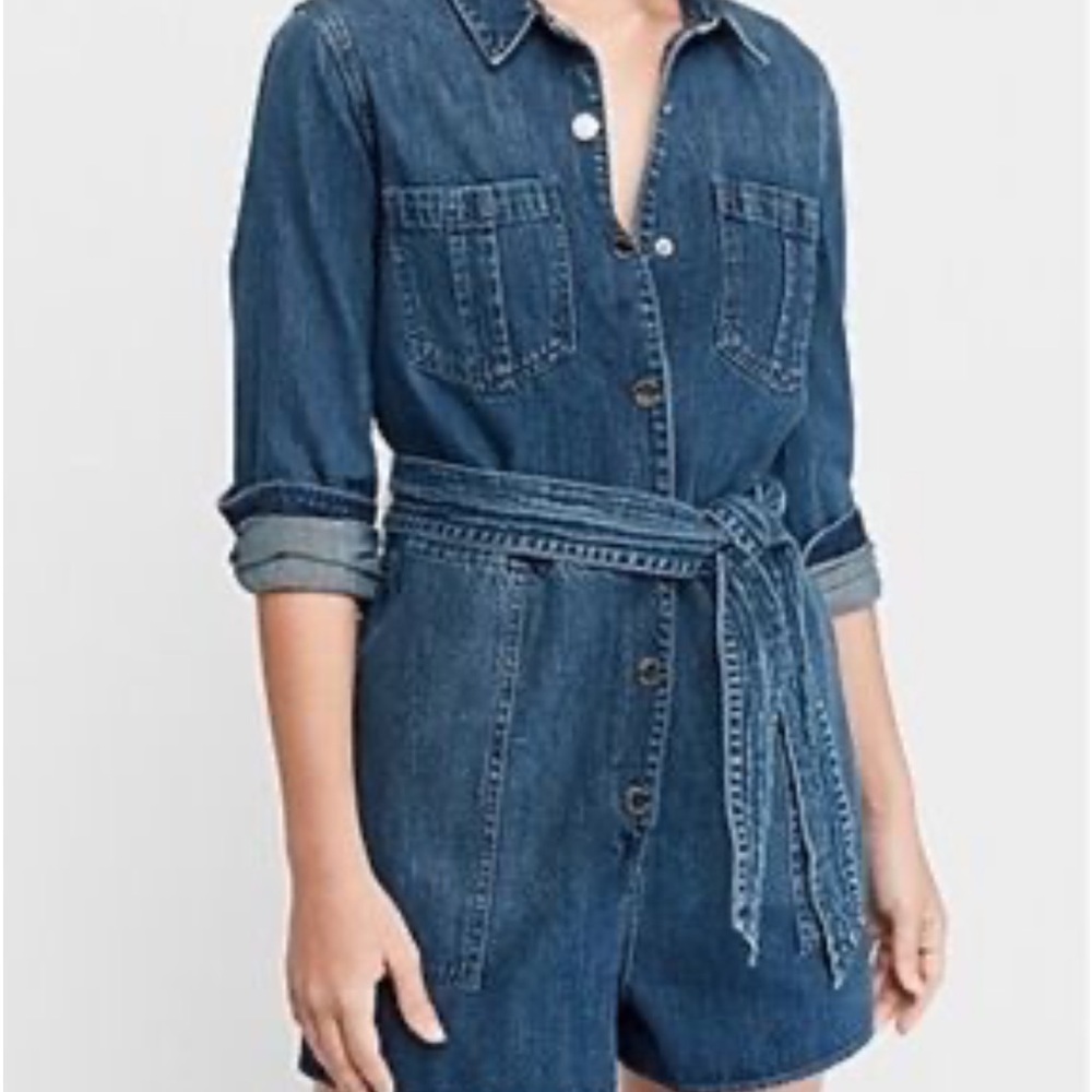 Express denim long sleeve, button-down jean shorts romper XS